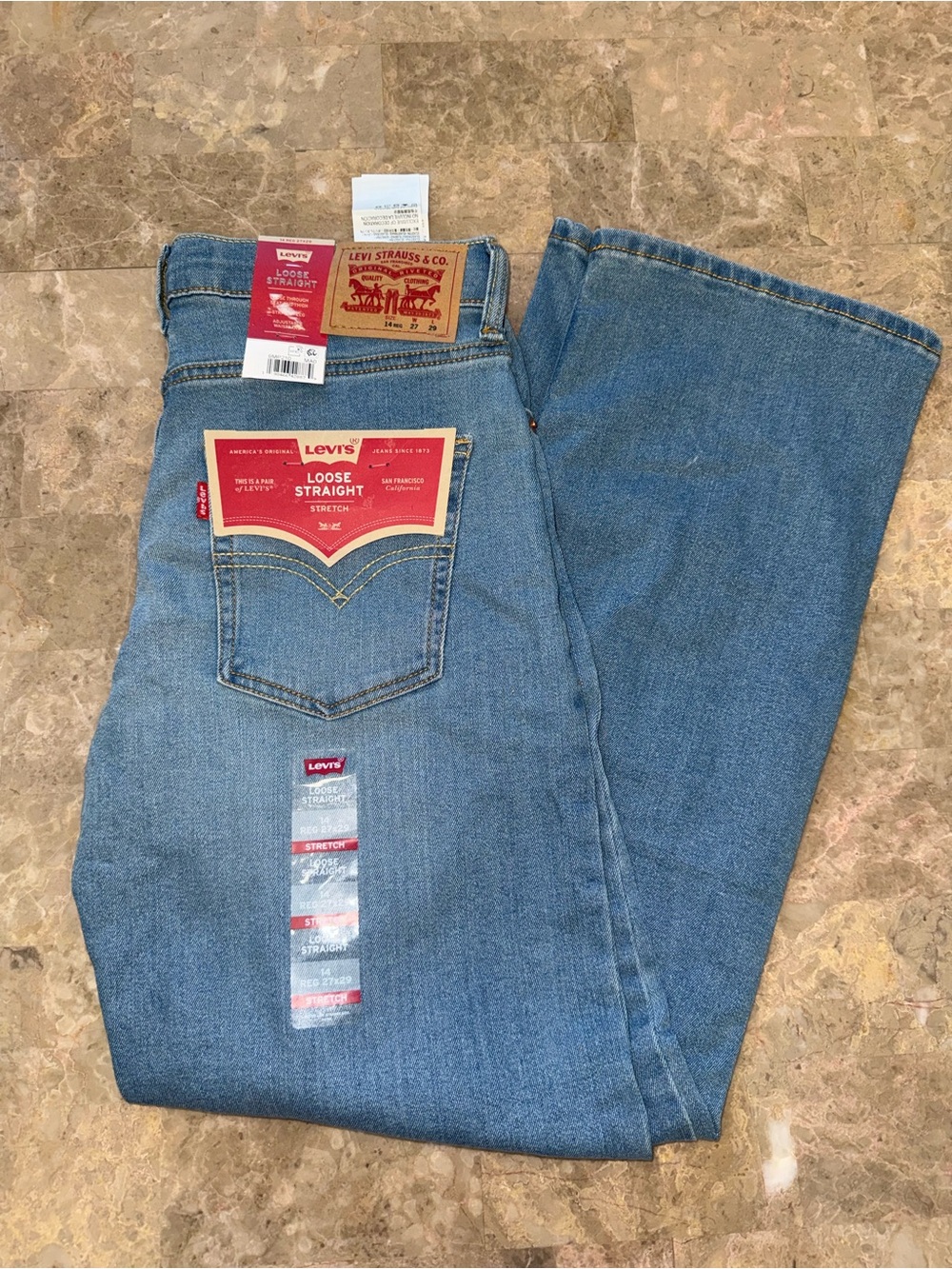 Levis Loose Straight Jeans Youth Boys 14 Reg Blue Denim Adjustable Stretch NWT